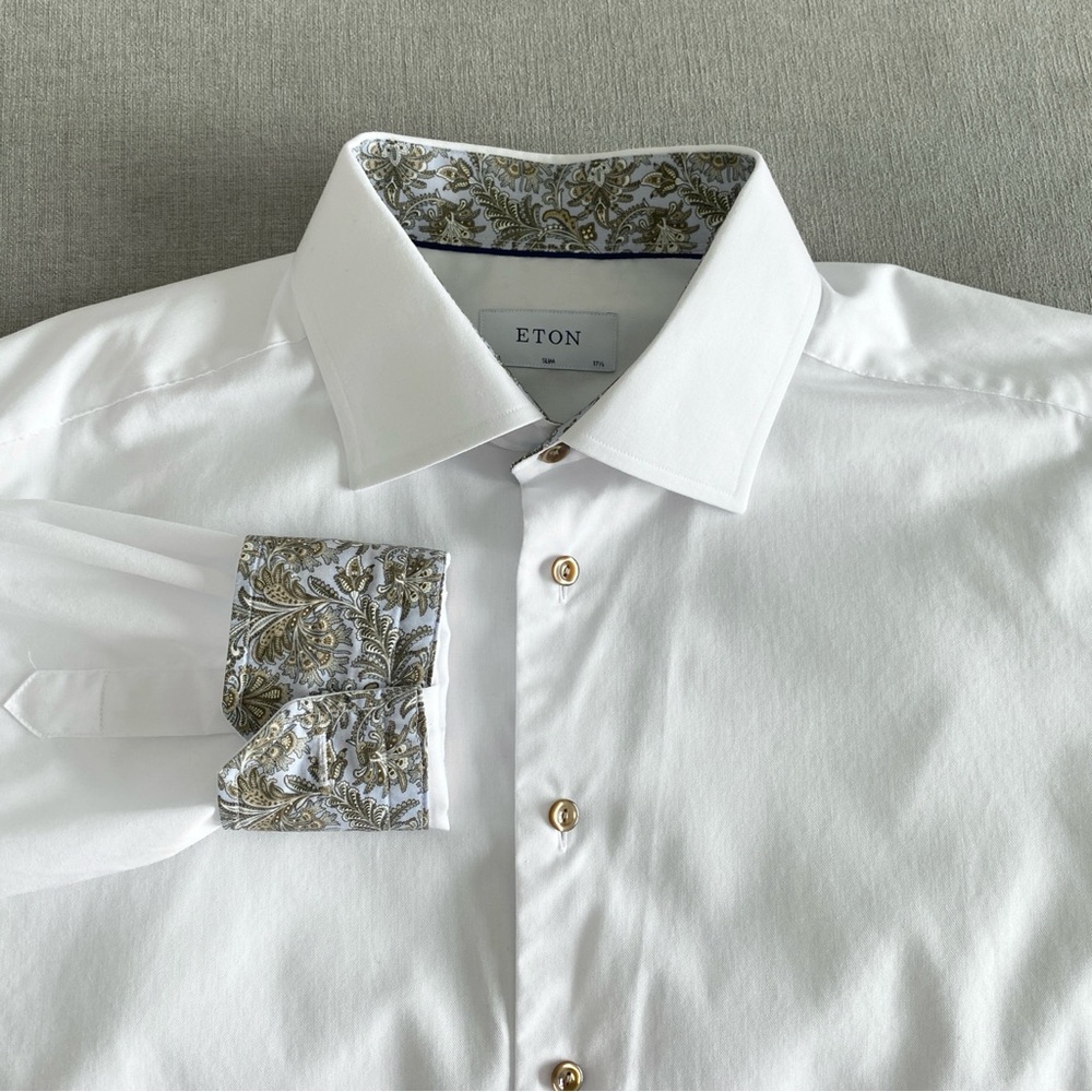 Eton Slim Fit White Signature Twill Dress Shirt w/ Floral Trim Size 44/17.5